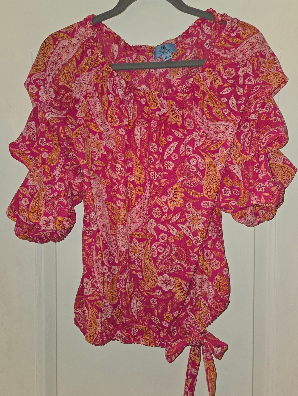 CeCe Top Pink Paisley Ruffled Puff Sleeve Women's Babydoll Size M